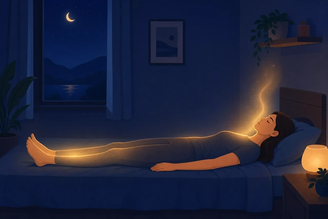 Illustration: figure lying in bed with a soft glow moving from the feet up to the head showing a body scan