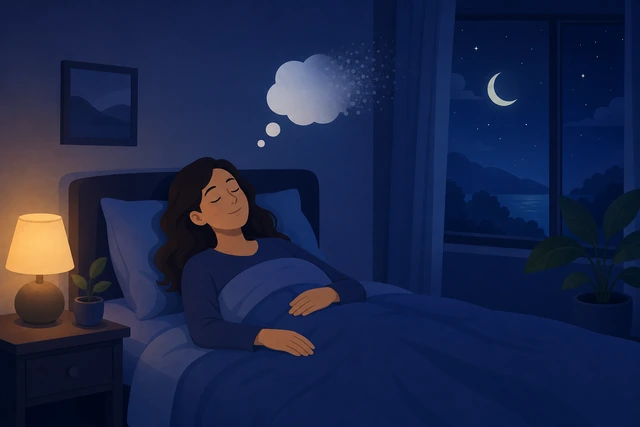 Illustration: peaceful person resting in bed with a small thought bubble gently floating away