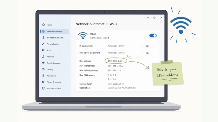 Illustration: Windows network settings showing an IPv4 address