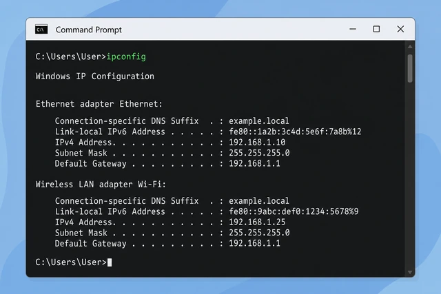 Illustration: typing ipconfig in Command Prompt
