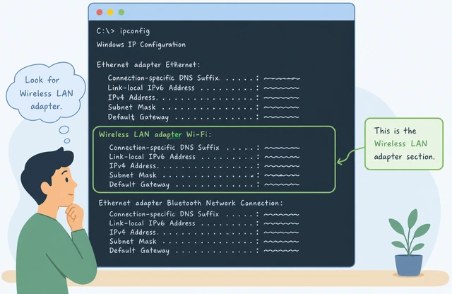 Illustration: locating Wireless LAN adapter block in ipconfig output