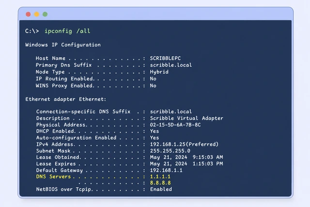 Illustration: running ipconfig /all to see DNS servers