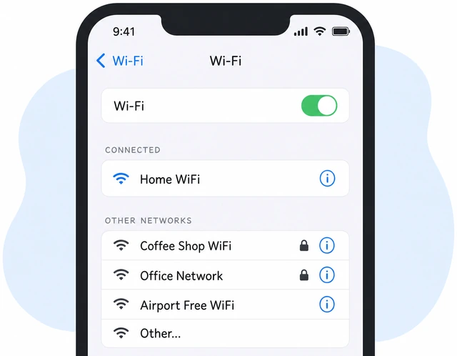 Illustration: iPhone Wi-Fi info i button beside network name