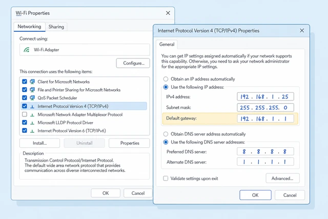 Illustration: noting Default gateway address next to IPv4 in Windows