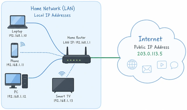 Illustration: local LAN IP versus public internet IP concept diagram