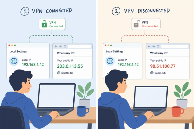 Illustration: rechecking local and public IP after disconnecting VPN