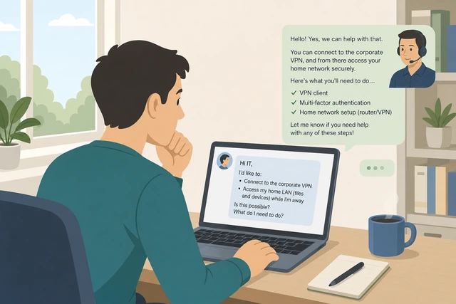 Illustration: asking IT about corporate VPN split tunneling for home LAN access