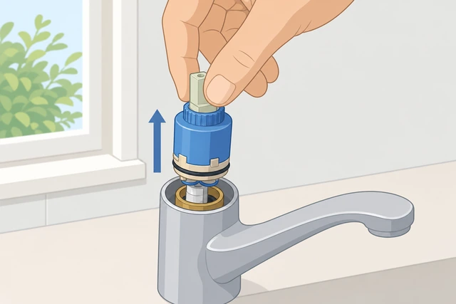 Illustration: pulling faucet cartridge straight up after removing clip