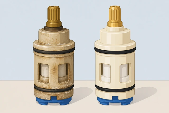 Illustration: matching old faucet cartridge to a new replacement at a parts counter