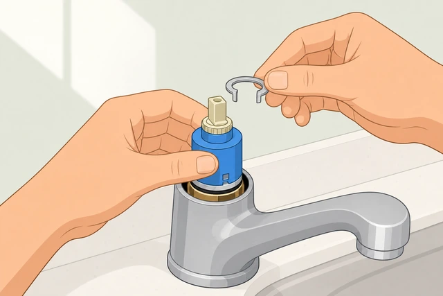 Illustration: inserting new faucet cartridge aligned with retaining clip