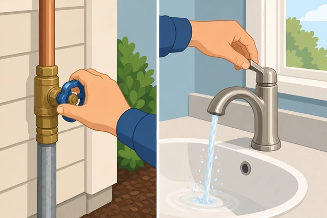 Illustration: shutting the house main water valve then draining at a faucet