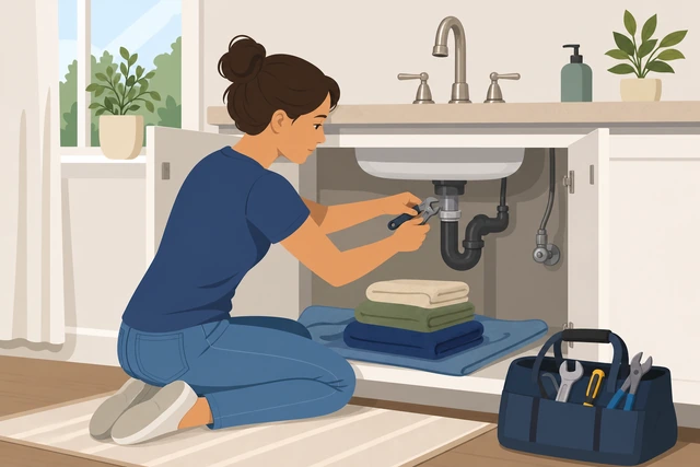 Illustration: continuing faucet repair with main water off and towels ready