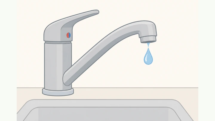 Illustration: kitchen faucet with a single drip from the spout