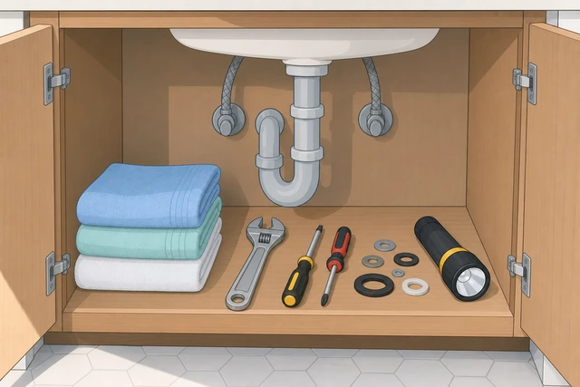 Illustration: leaky faucet tools washers wrench screwdriver towels under a sink