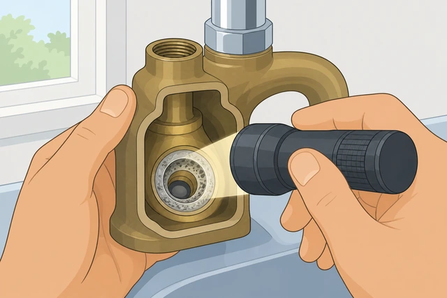 Illustration: flashlight inspection of pitted faucet valve seat