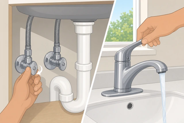 Illustration: turning off under-sink shutoff valves then opening the faucet