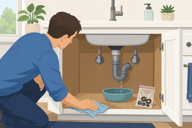 Illustration: cleaning up under sink after faucet repair with spare washers labeled