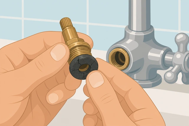 Illustration: inspecting worn rubber washer at the bottom of a faucet stem
