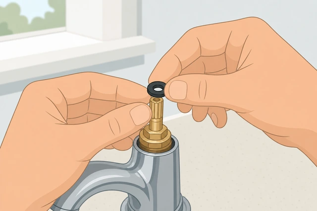 Illustration: installing a new rubber washer on a faucet stem