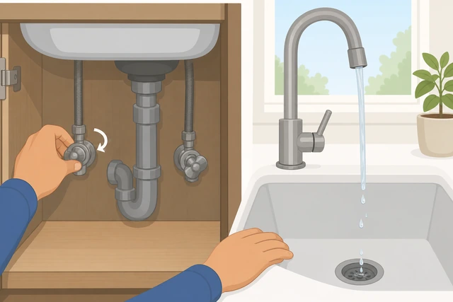 Illustration: slowly opening shutoff valves and testing faucet for drips