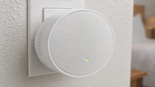 White mesh Wi-Fi puck plugged into wall outlet with solid green LED