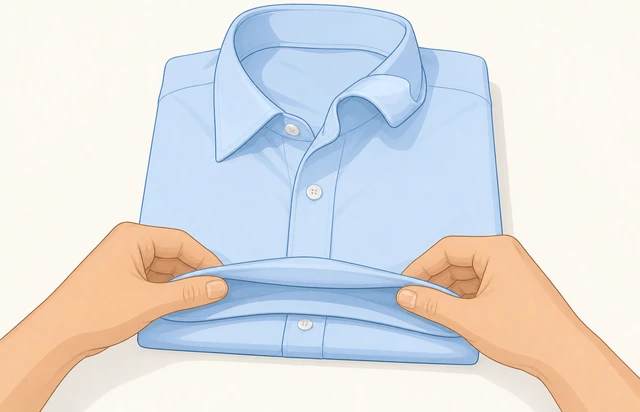 Illustration: unfolding the bottom fold of a dress shirt to free a crushed collar