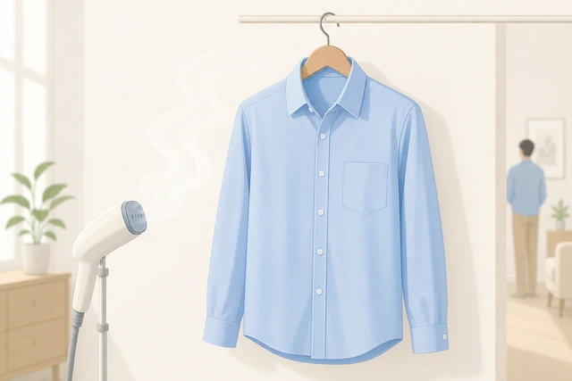 Illustration: hanging a dress shirt and using light steam for collar recovery