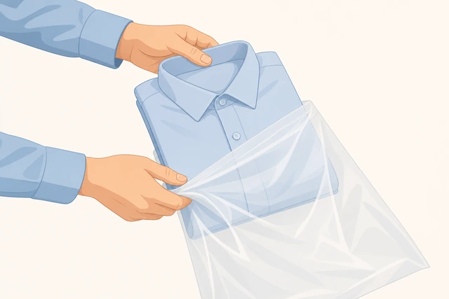 Illustration: sliding a folded dress shirt into a thin dry-cleaner plastic bag