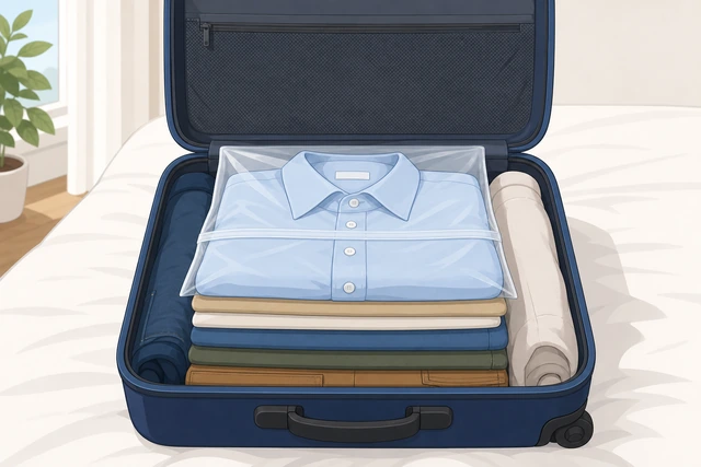Illustration: wrinkle-prone dress shirt packed on the very top of a suitcase stack