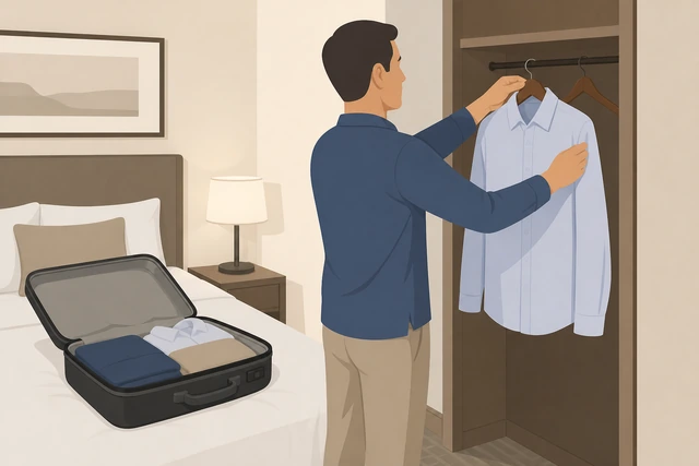 Illustration: hanging a dress shirt immediately on arrival before unpacking other items