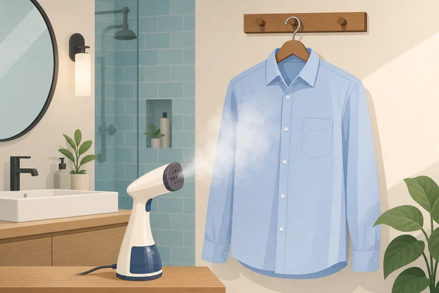 Illustration: travel steamer or bathroom steam plan for a wrinkled dress shirt