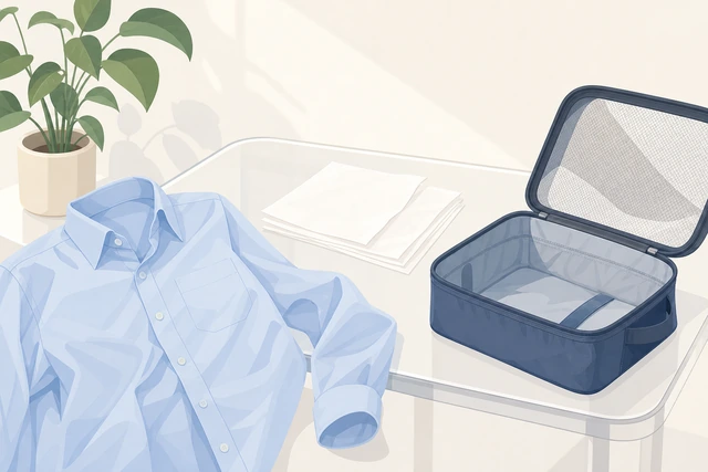 Illustration: dress shirt laid near a clear table with optional tissue and packing cube