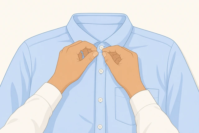 Illustration: hands buttoning the front placket of a dress shirt including the collar button