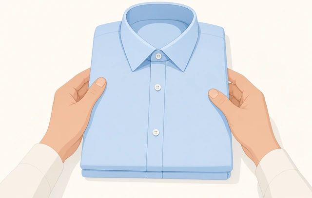 Illustration: flipping a folded dress shirt packet button-side up to check the collar