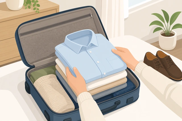 Illustration: placing a folded dress shirt on top in a suitcase away from shoes