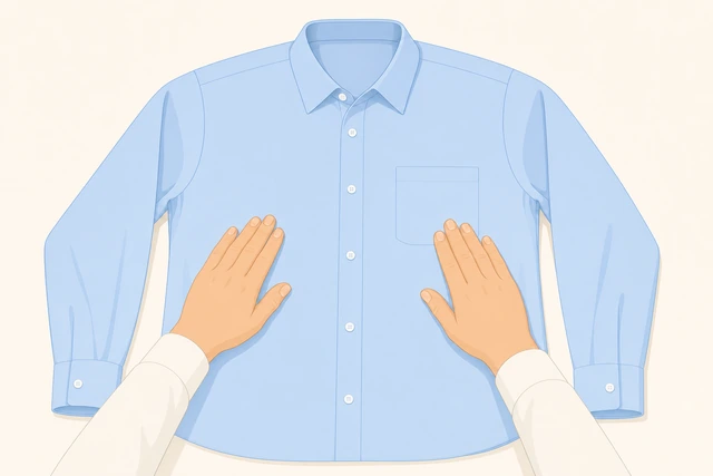Illustration: hands smoothing a dress shirt front and back on a table