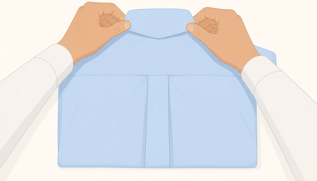 Illustration: hands aligning dress shirt collar points and shoulders square on a table