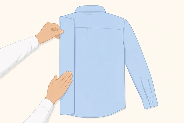 Illustration: folding the left third of a face-down dress shirt toward the center