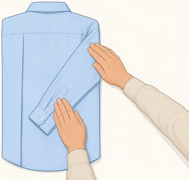 Illustration: folding a dress shirt sleeve back to lie flat on the folded side panel