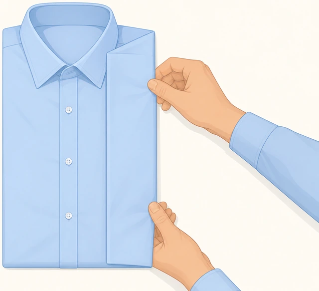 Illustration: folding the right third of a face-down dress shirt toward the center