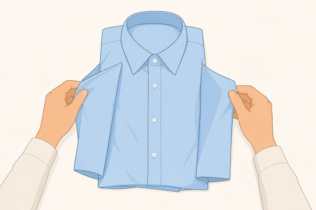 Illustration: unfolding dress shirt side panels while buttons stay closed