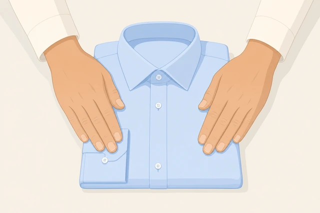 Illustration: palms gently pressing a rebuilt dress shirt packing packet flat