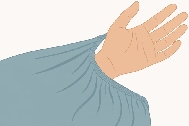 Illustration: worn elastic fitted sheet laid flat elastic-side up on bed, no corner tucking