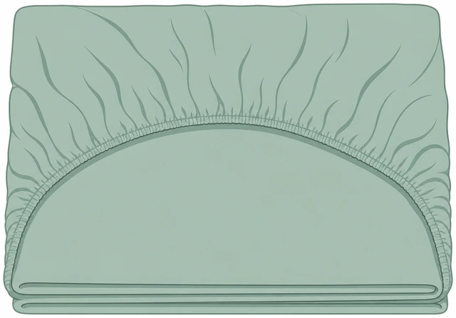 Illustration: flat-fold method on fitted sheet, half then half then tri-fold to shelf width