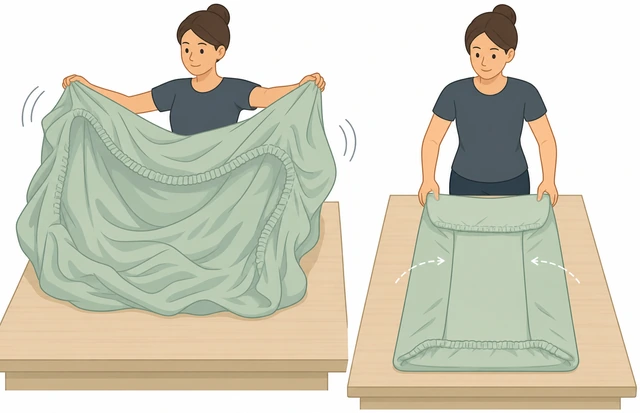 Illustration: shaking out lumpy fitted sheet flat inside-out on bed to restart corner tuck