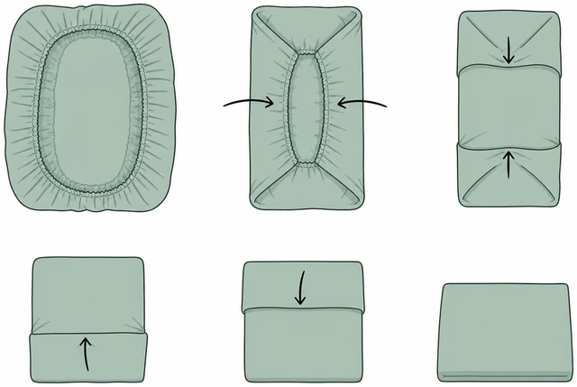 Illustration: smoothing bulky fitted sheet bundle flat, folding opposite corners toward center envelope-style