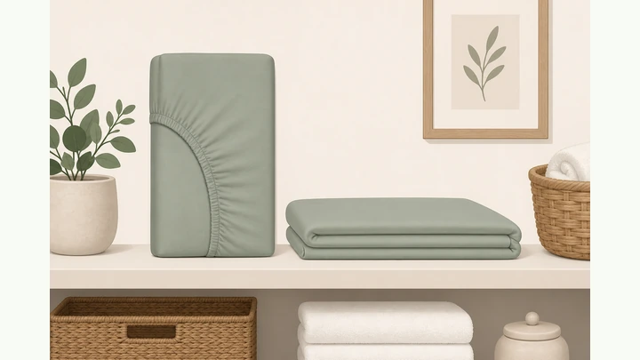 Illustration: hands tucking fitted sheet corner pockets together on a bed, elastic edge visible, neat rectangle forming