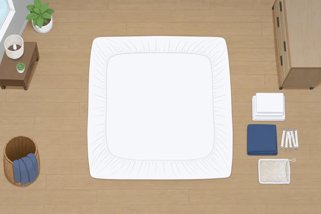Illustration: dry fitted sheet on a flat bed, clean surface, arms-wide spread room visible