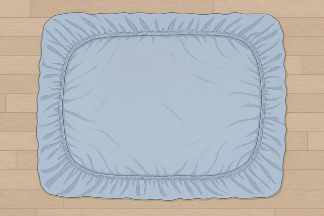 Illustration: fitted sheet spread flat inside-out on a bed, elastic edge facing up