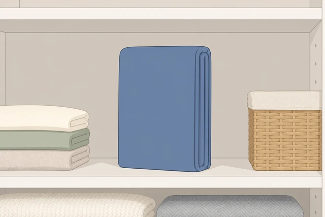 Illustration: compact fitted sheet fold standing on edge on linen closet shelf